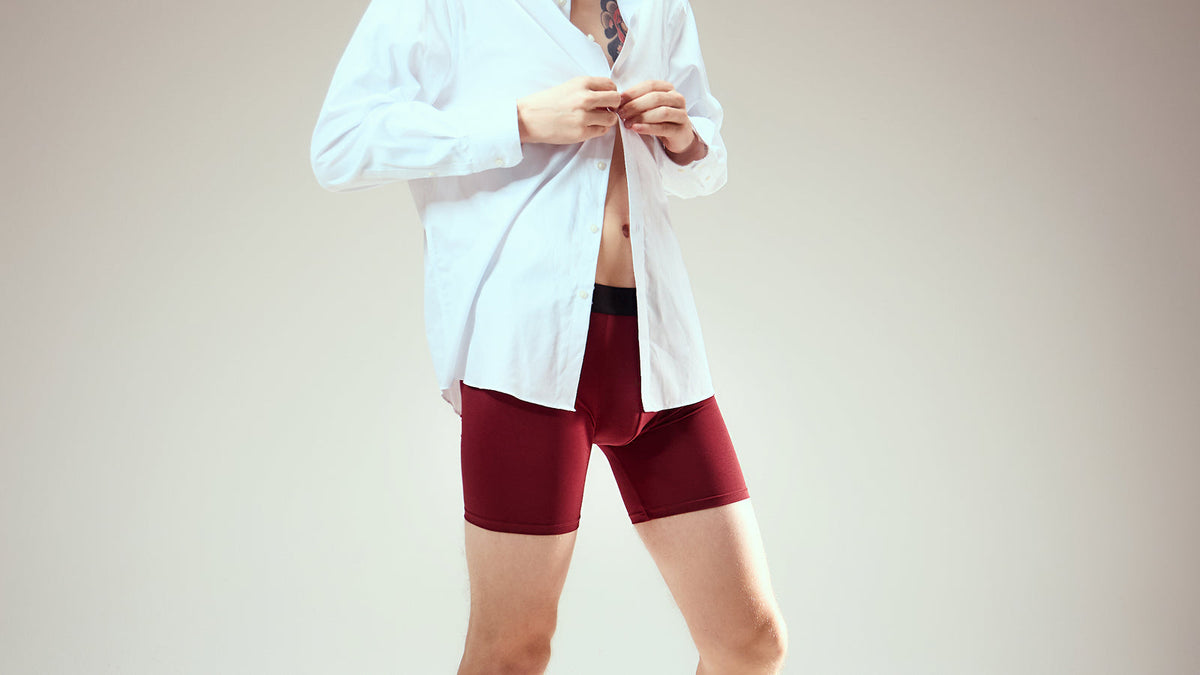 Guy wearing wine colored Booie Boxer