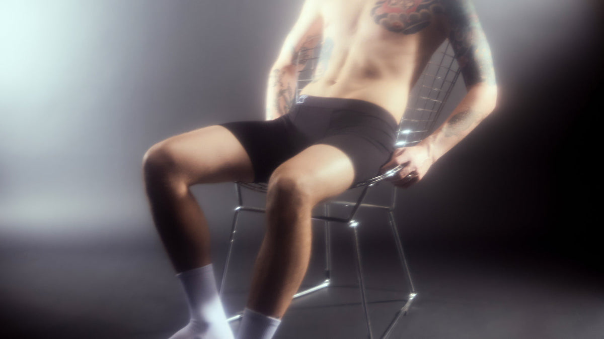 Guy wearing Booie Boxer underwear and Zora Crew socks