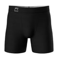 Black boxer briefs with a brand logo on a white background