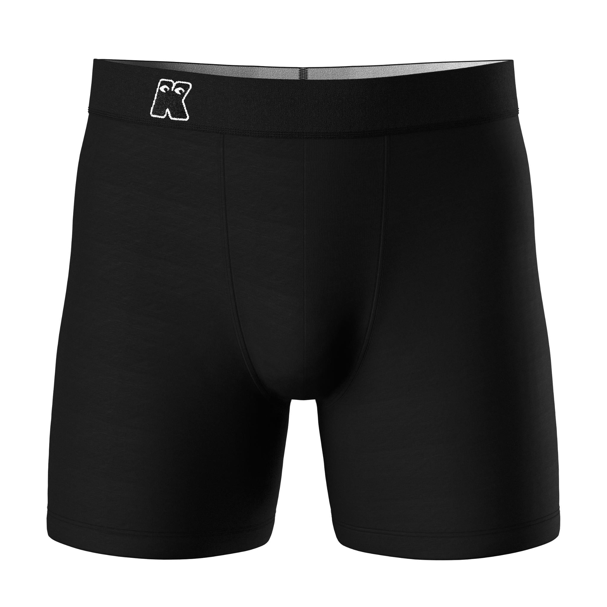 Black boxer briefs with a brand logo on a white background