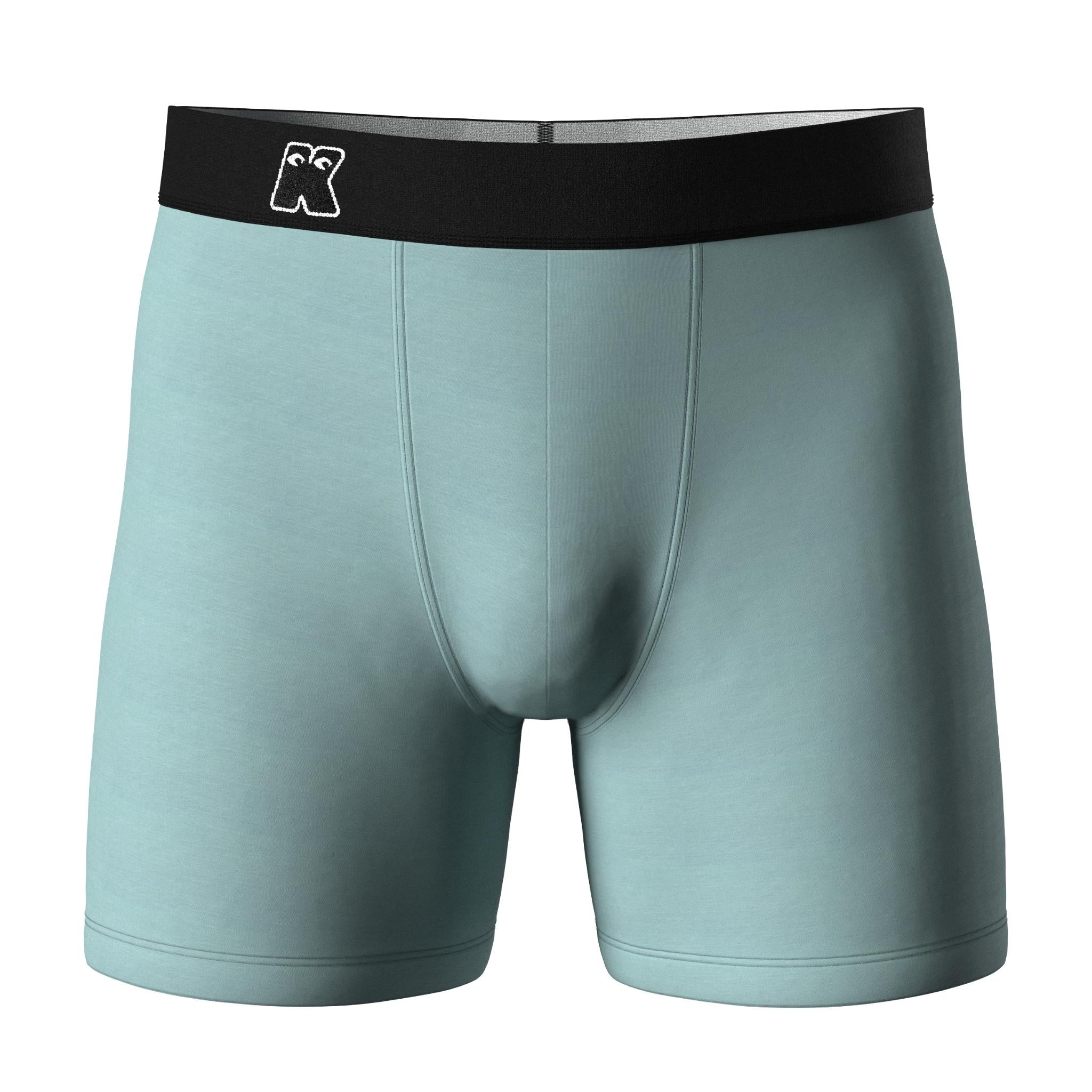Light blue boxer briefs with a black waistband on a white background