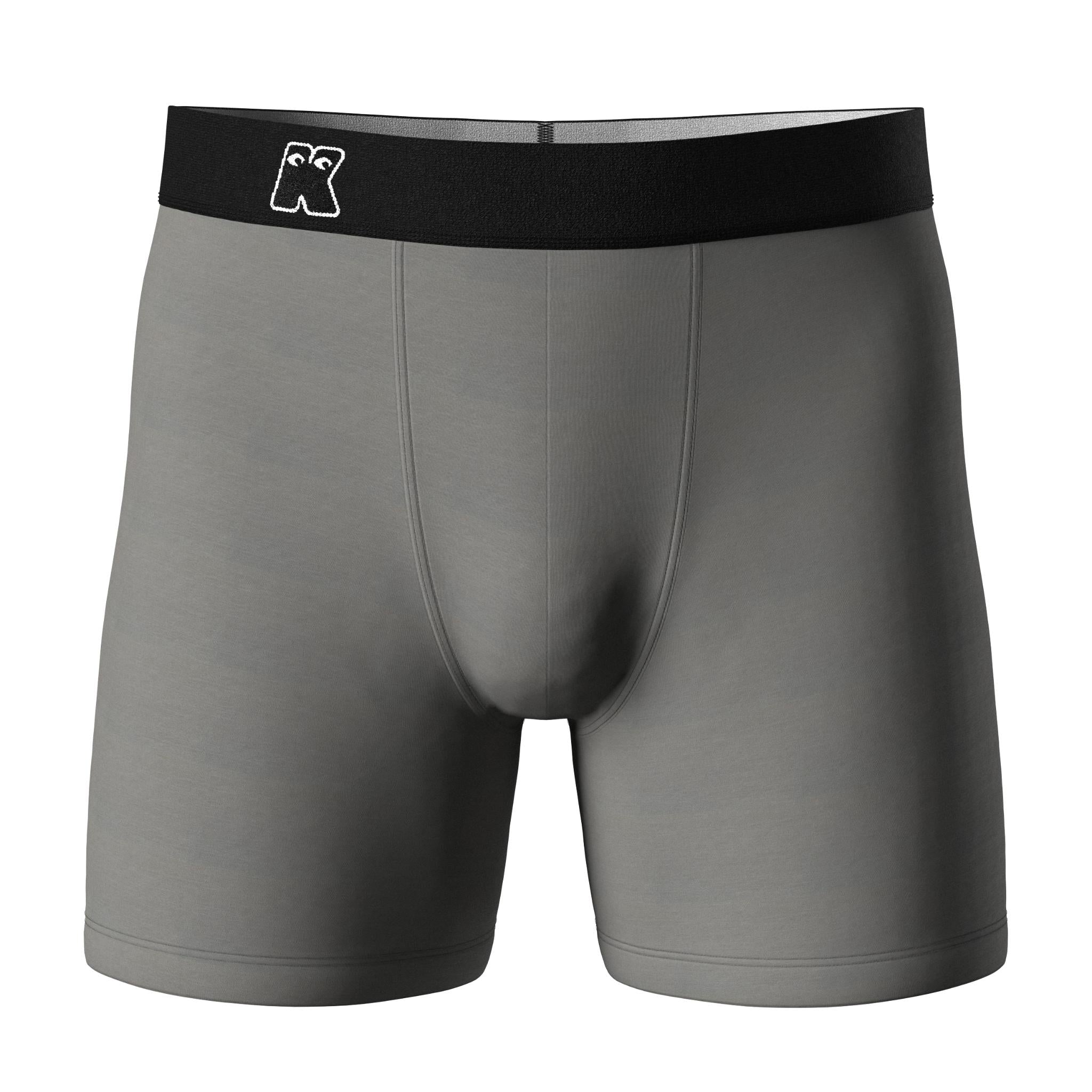 Gray boxer briefs with a black waistband on a white background