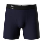Navy boxer briefs with a brand logo on a white background