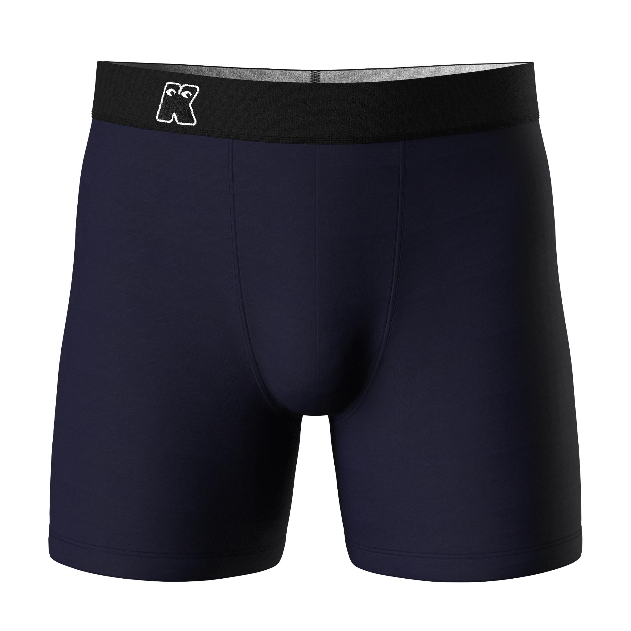 Navy boxer briefs with a brand logo on a white background