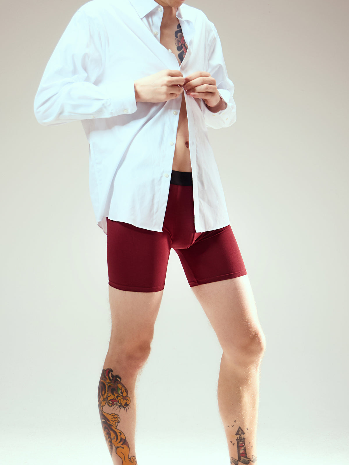 Booie underwear worn under a white shirt

