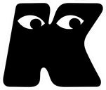 Black letter 'K' with white eyes on a white background
