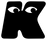 Black letter 'K' with white eyes on a white background