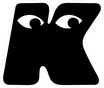 Black letter 'K' with white eyes on a white background