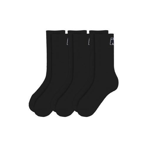 Three black socks with a brand logo on a white background