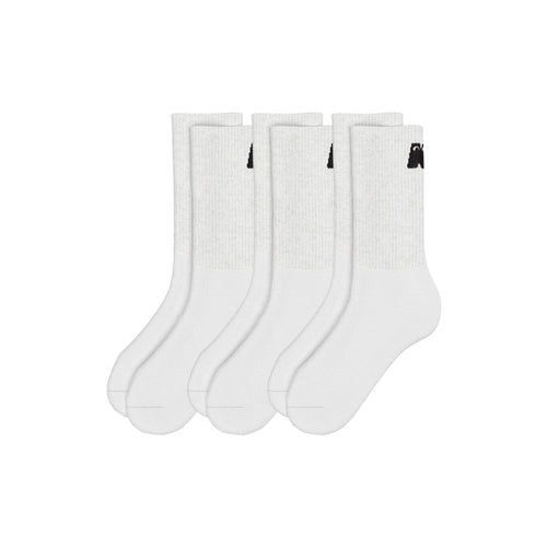 Three pairs of white socks with black logo on a white background