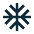 Dark blue snowflake symbol on a white background